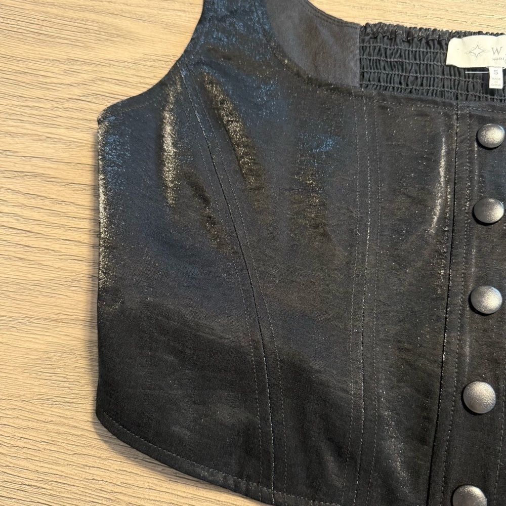 WAYF Black Cropped Corset Boning Button Up Top Sz Small Night Out Square Neck - Picture 4 of 8